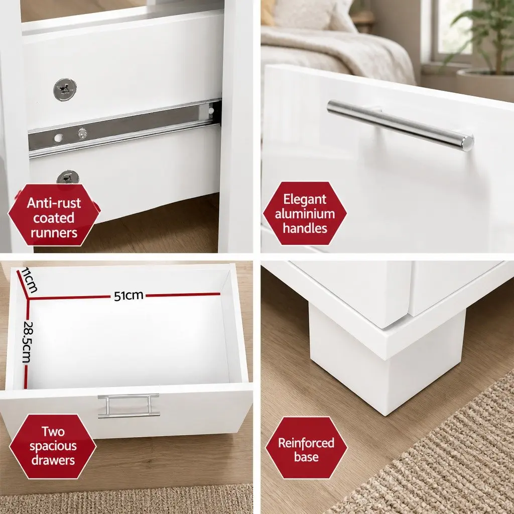 Bedside Table MDF Particle Board 59cm x 40cm x 51cm White High Gloss Modern Storage Cabinet