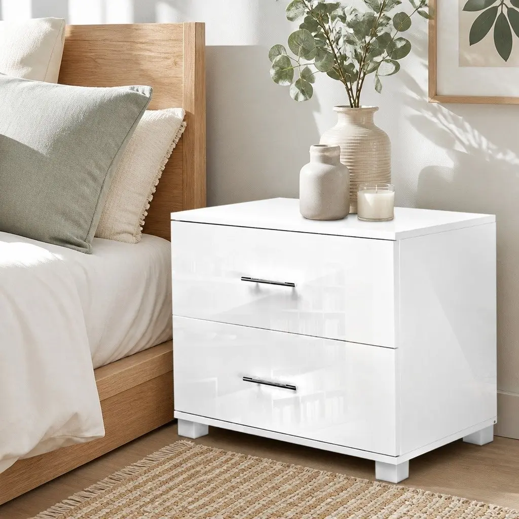 Bedside Table MDF Particle Board 59cm x 40cm x 51cm White High Gloss Modern Storage Cabinet