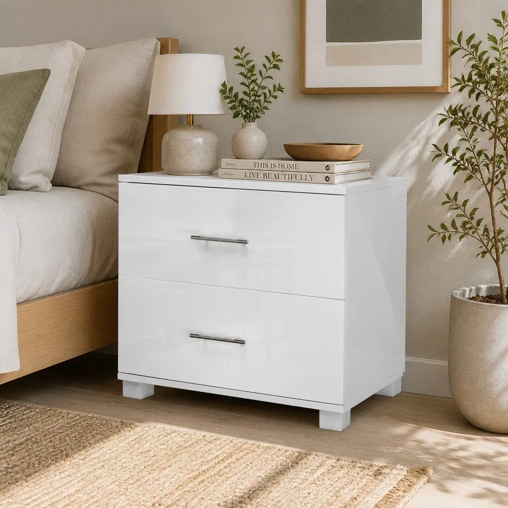 Bedside Table MDF Particle Board 59cm x 40cm x 51cm White High Gloss Modern Storage Cabinet