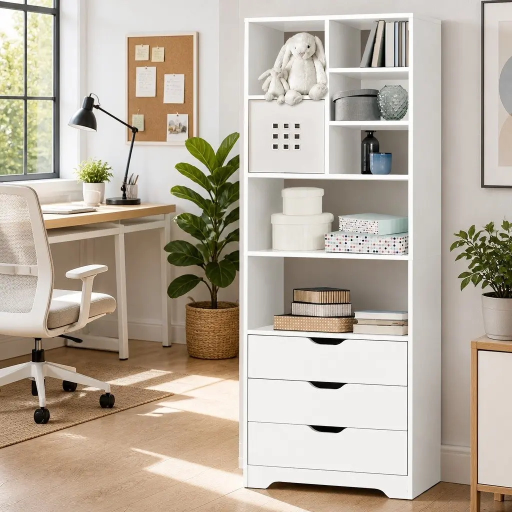 Bookshelf Storage Cabinet White 7 Shelves 3 Drawers 60cm W x 23.5cm D x 180cm H