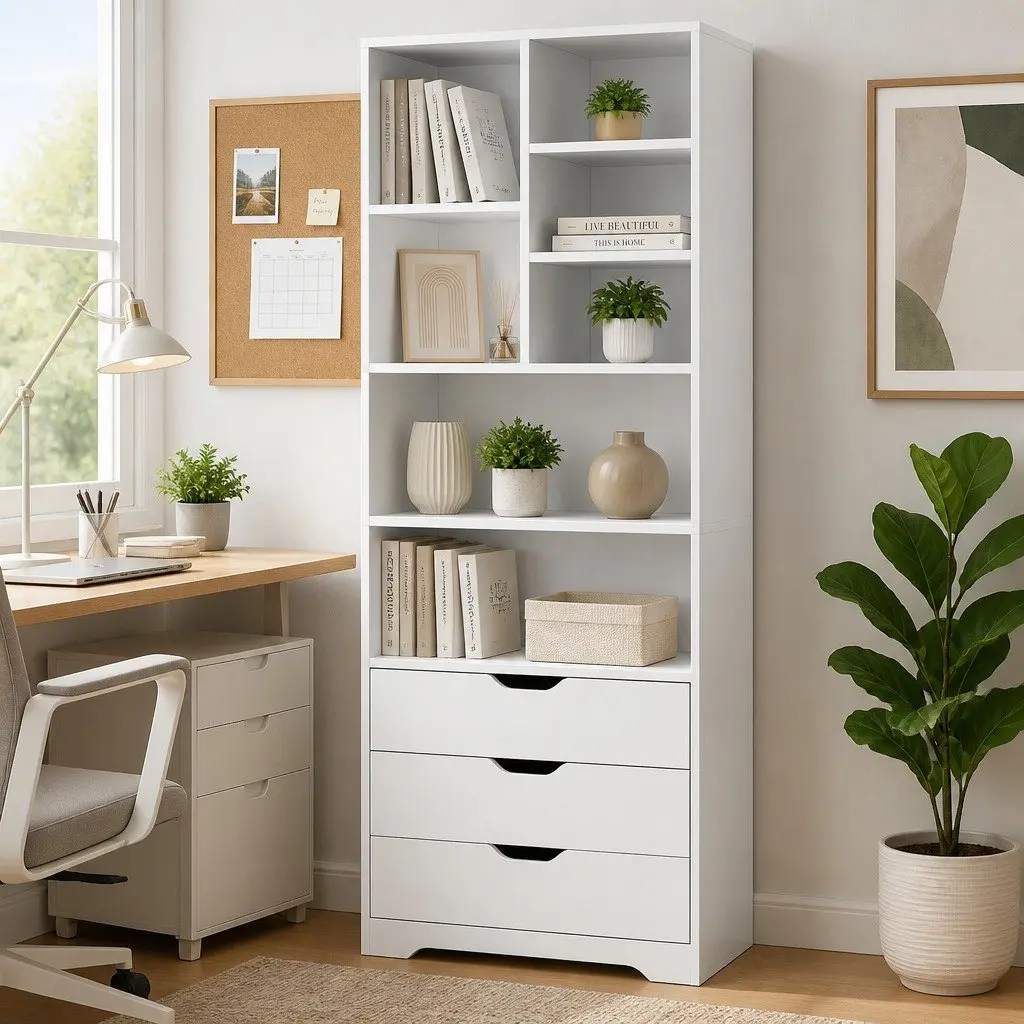 Bookshelf Storage Cabinet White 7 Shelves 3 Drawers 60cm W x 23.5cm D x 180cm H