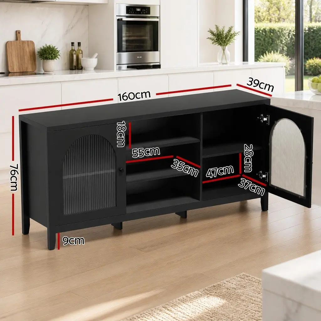 Buffet Sideboard Particle Board MDF 160cm Black Double Doors Adjustable Shelves Storage Cabinet