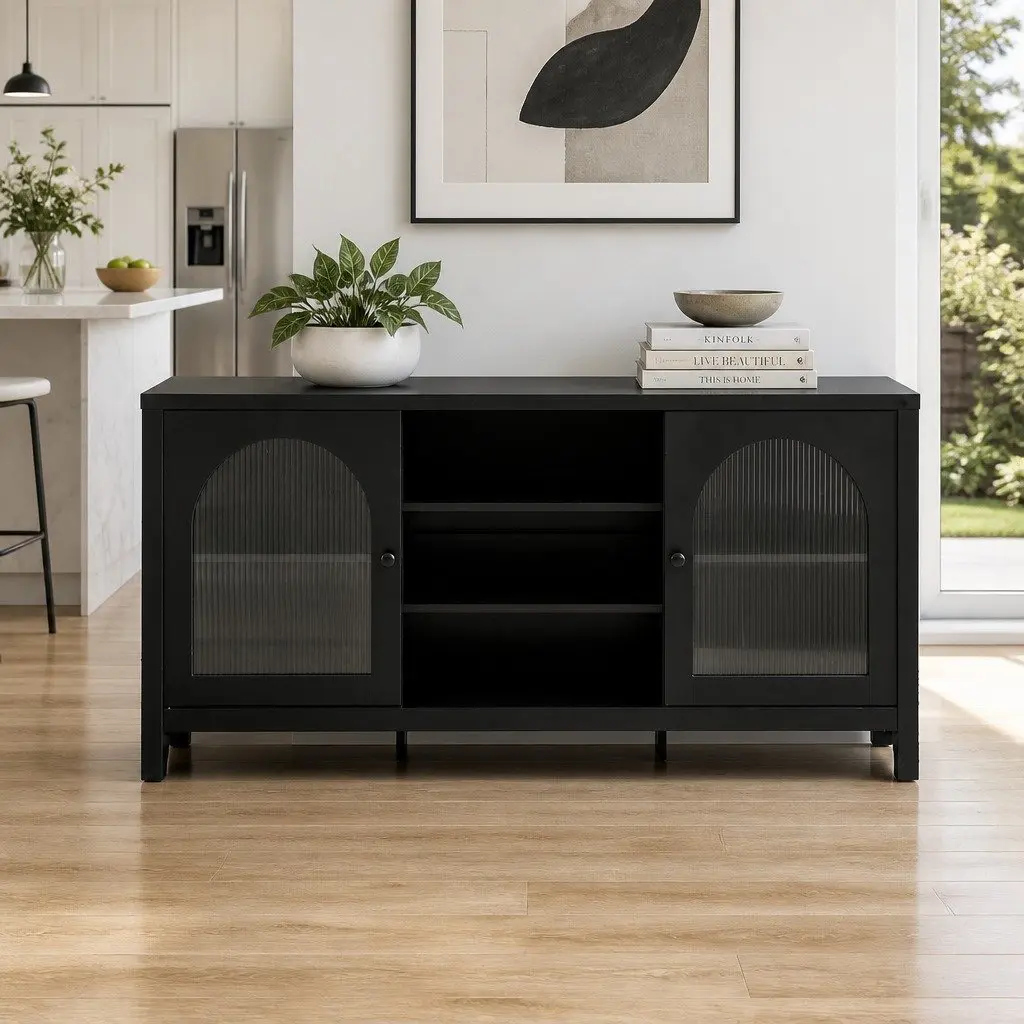 Buffet Sideboard Particle Board MDF 160cm Black Double Doors Adjustable Shelves Storage Cabinet