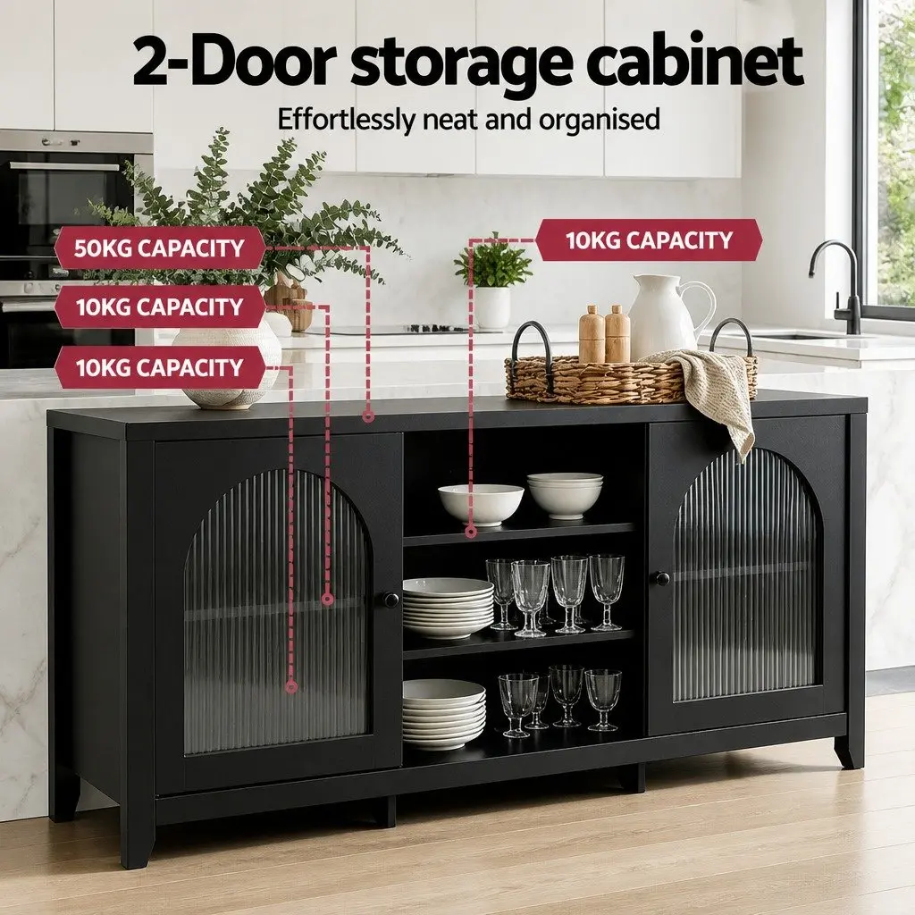 Buffet Sideboard Particle Board MDF 160cm Black Double Doors Adjustable Shelves Storage Cabinet