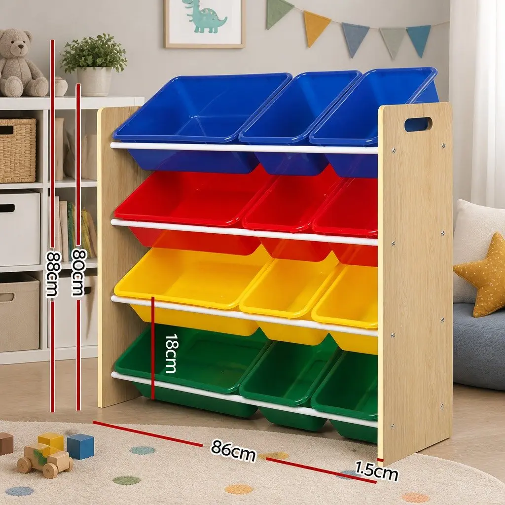 Kids Toy Box Storage Rack Particle Board Metal Four Tier Walnut