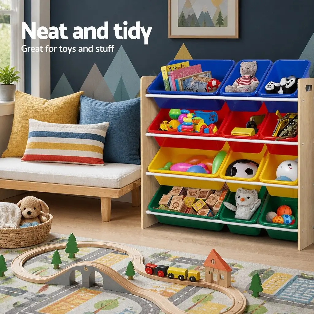 Kids Toy Box Storage Rack Particle Board Metal Four Tier Walnut