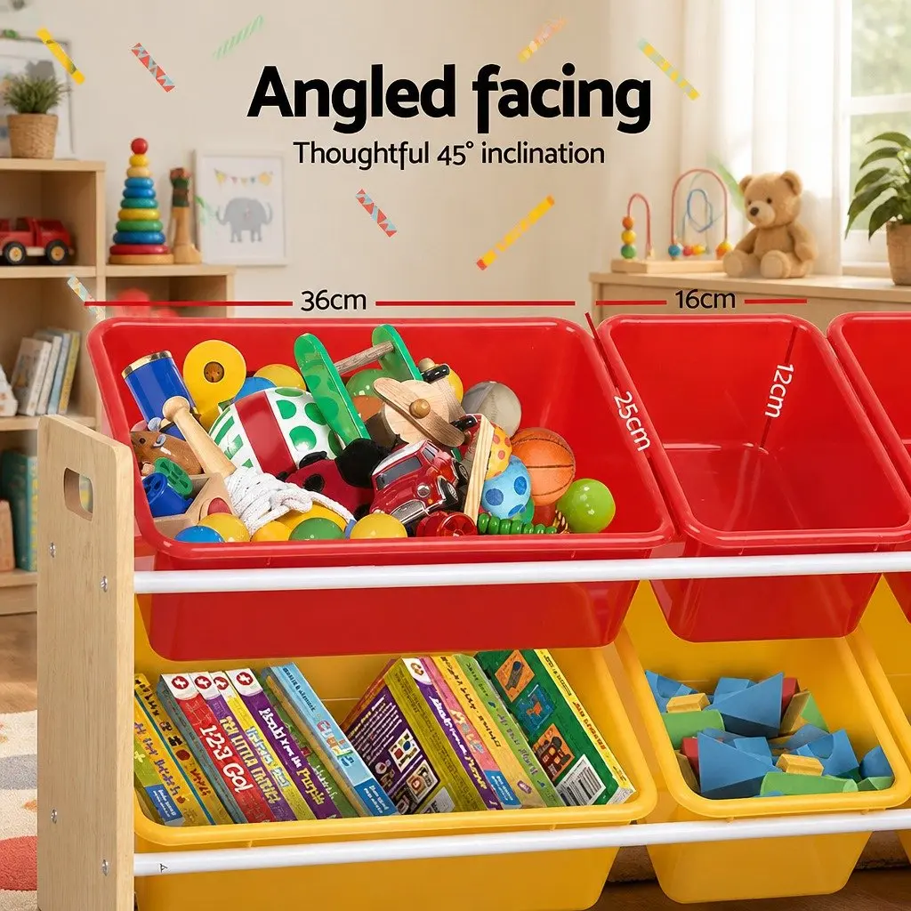 Kids Toy Box Storage Rack Particle Board Metal Four Tier Walnut