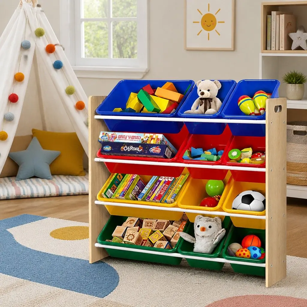 Kids Toy Box Storage Rack Particle Board Metal Four Tier Walnut