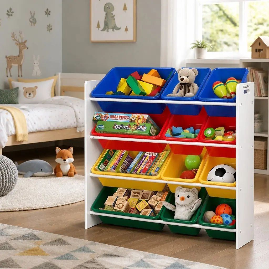 Kids Toy Box Storage Organiser 4-Tier Rack Colourful 12 Bins