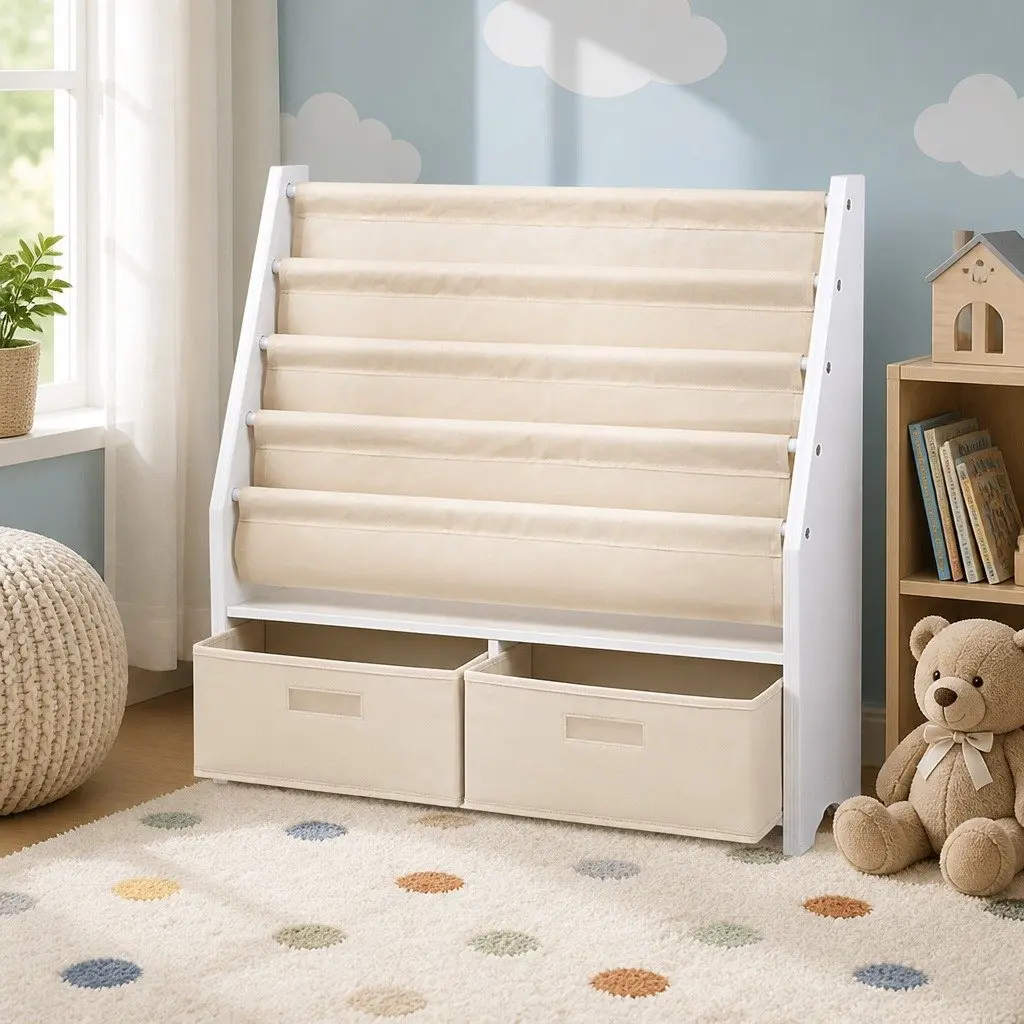 Kids Bookshelf E1 MDF 4 Tier Storage Organiser Bookcase White or Natural