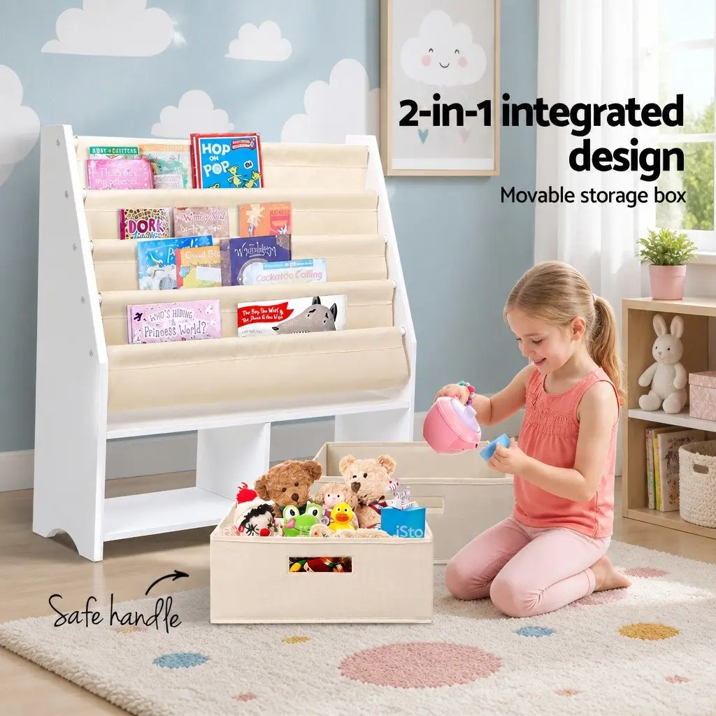 Kids Bookshelf E1 MDF 4 Tier Storage Organiser Bookcase White or Natural