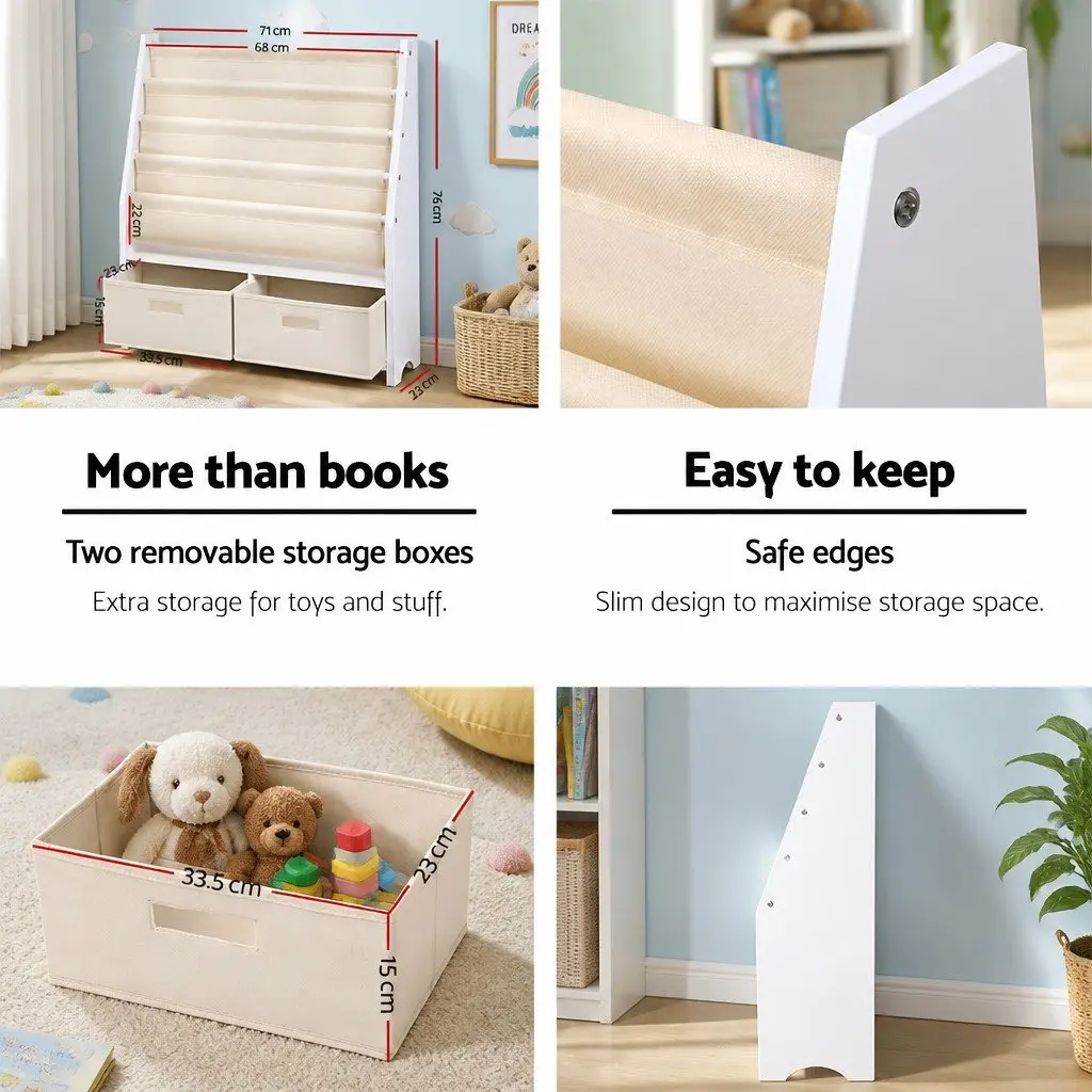 Kids Bookshelf E1 MDF 4 Tier Storage Organiser Bookcase White or Natural