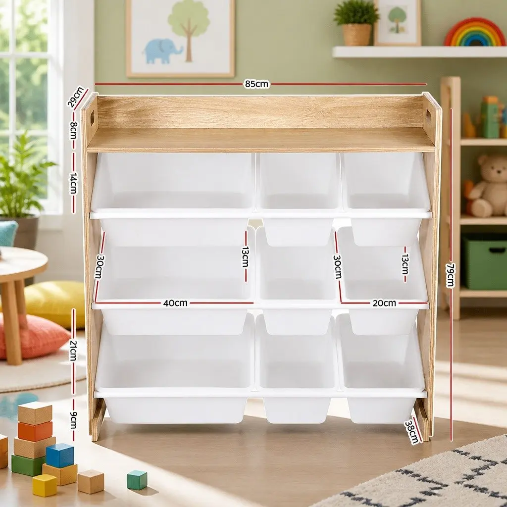 Kids Toy Box Organiser Wooden 4-Tier Storage Rack 9 Bins White and Walnut