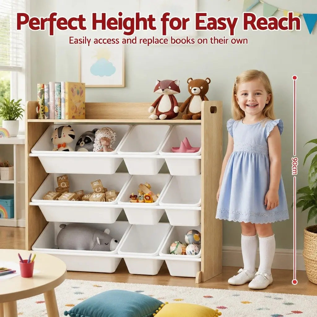Kids Toy Box Organiser Wooden 4-Tier Storage Rack 9 Bins White and Walnut