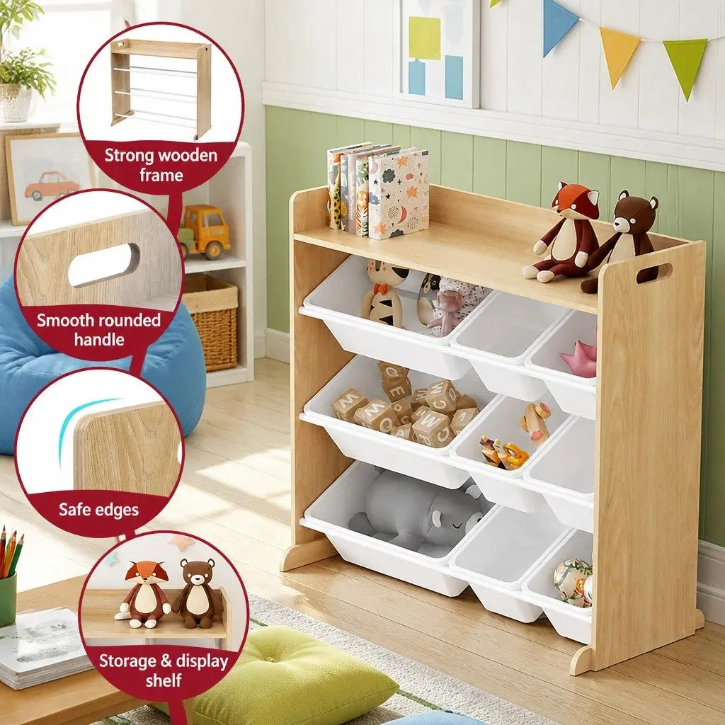 Kids Toy Box Organiser Wooden 4-Tier Storage Rack 9 Bins White and Walnut