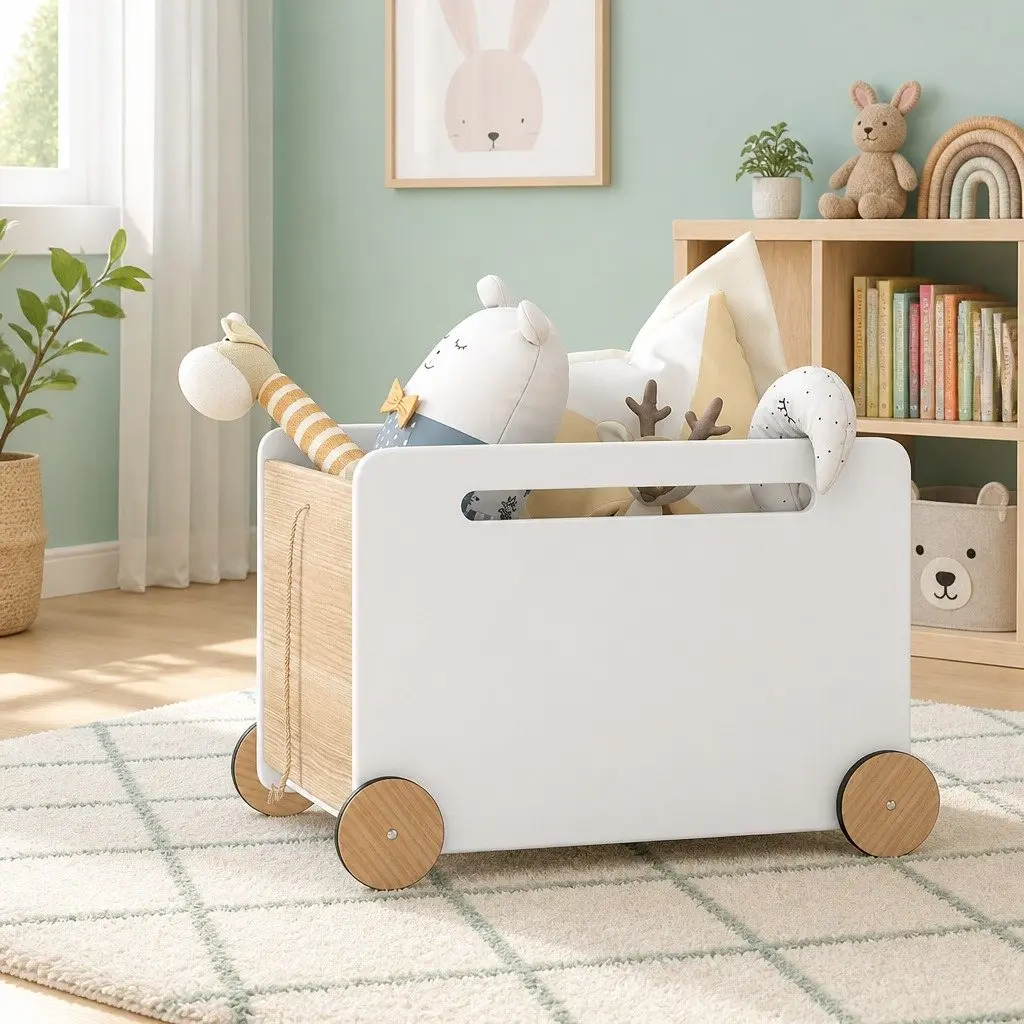 Toy Box Storage Container MDF White Portable Chest with Wheels