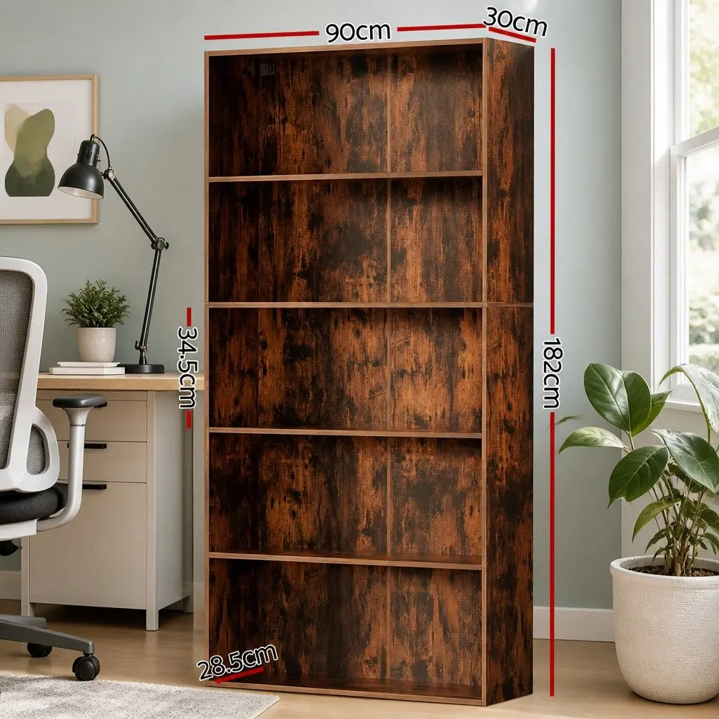 5-Tier Bookshelf Particle Board Brown Storage Shelves Display Cabinet 90cm W x 30cm D x 182cm H