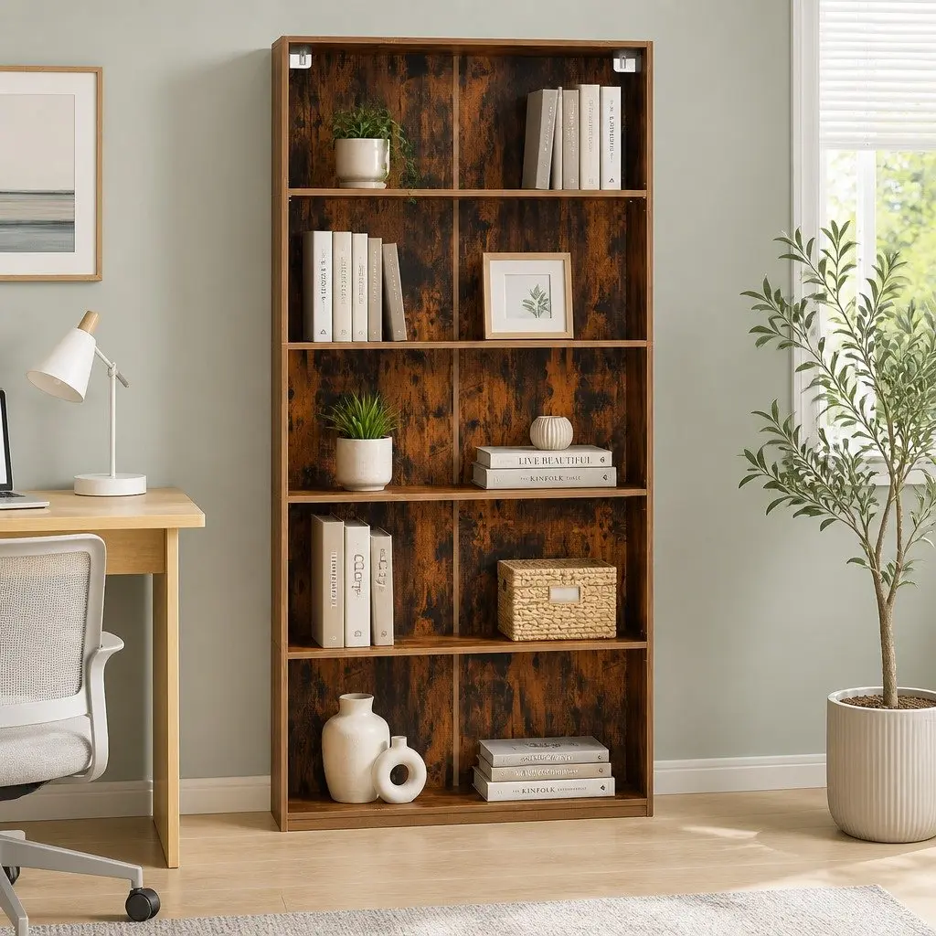 5-Tier Bookshelf Particle Board Brown Storage Shelves Display Cabinet 90cm W x 30cm D x 182cm H
