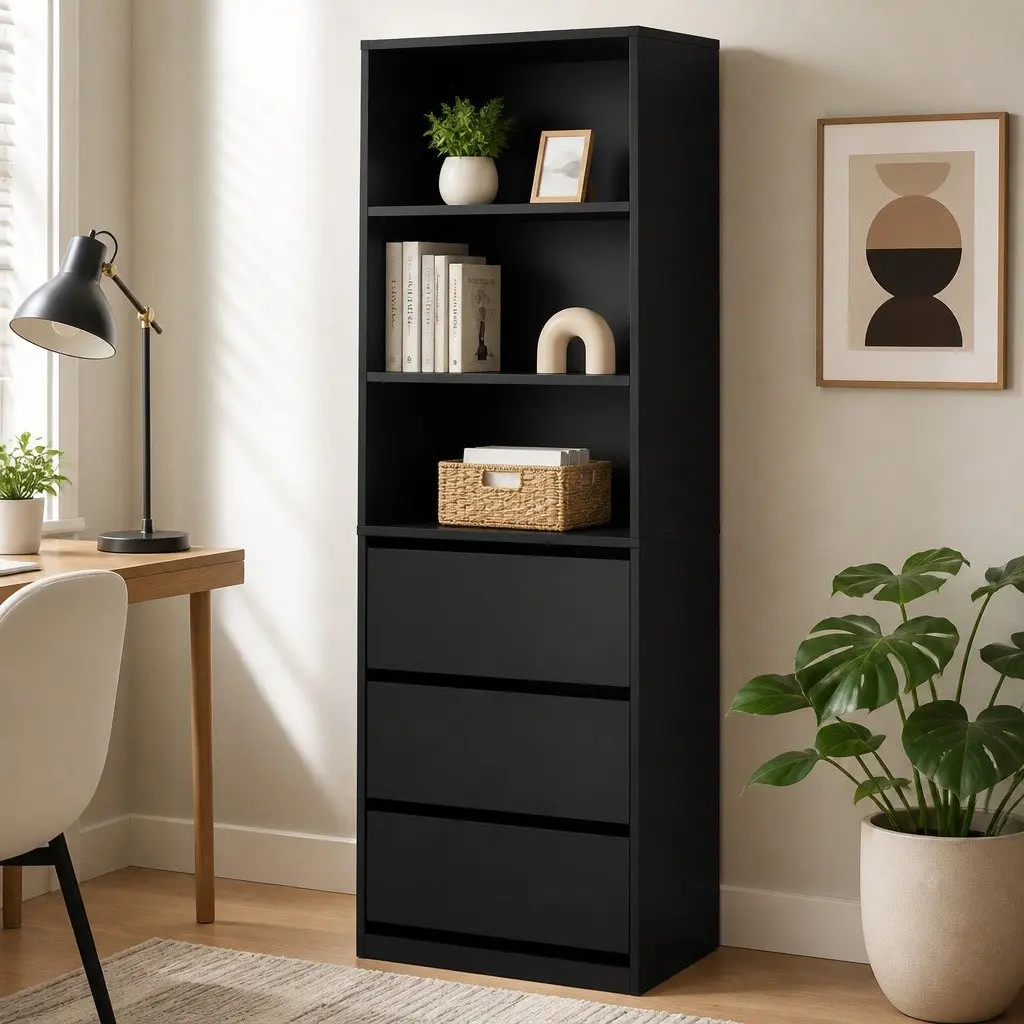 Chest of Drawers Tallboy Cabinet 3 Shelves Storage Bedroom Dresser Black