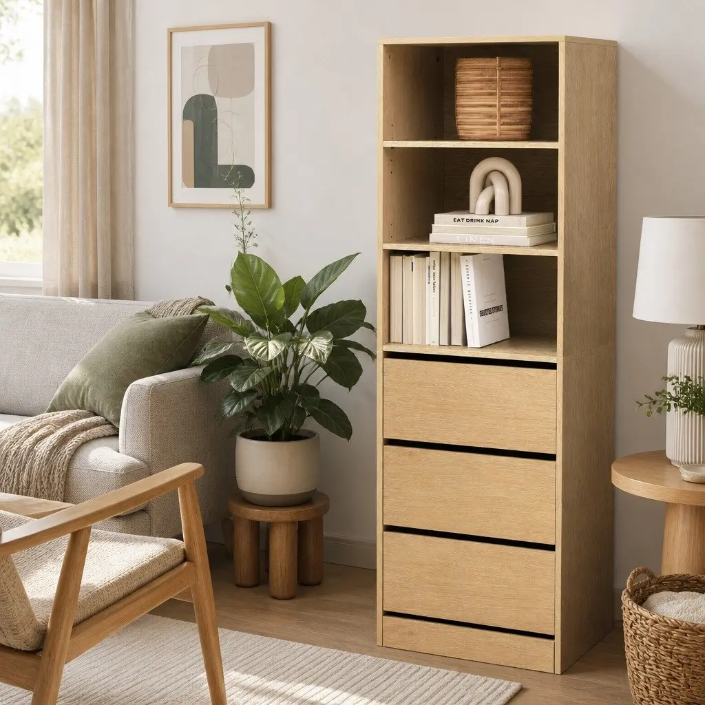 Tallboy Storage Cabinet Pine 3 Drawer Chest of Drawers Adjustable Shelves Bedroom Furniture