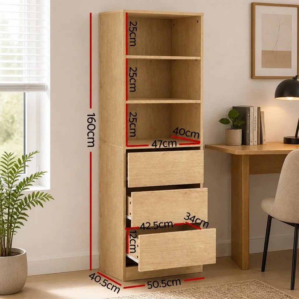 Tallboy Storage Cabinet Pine 3 Drawer Chest of Drawers Adjustable Shelves Bedroom Furniture