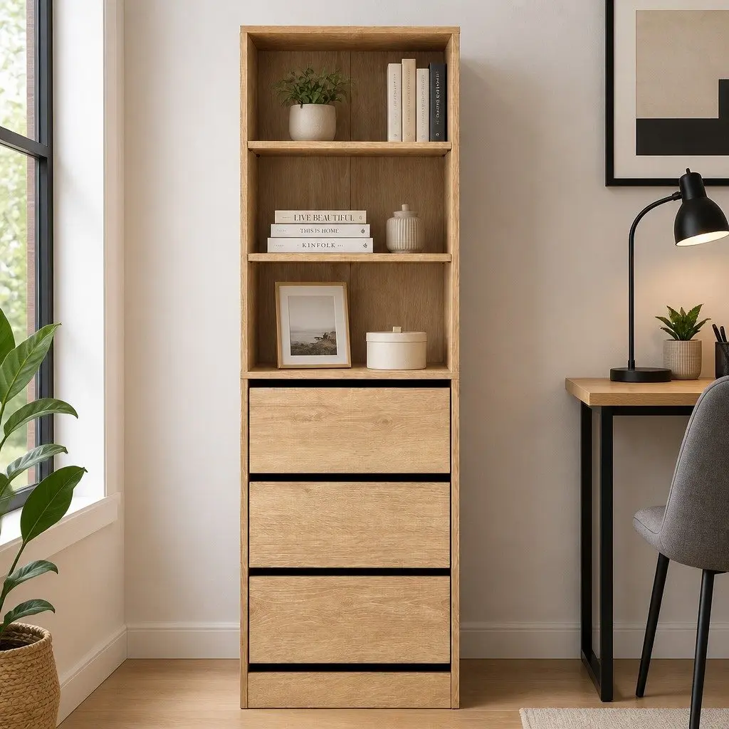 Tallboy Storage Cabinet Pine 3 Drawer Chest of Drawers Adjustable Shelves Bedroom Furniture