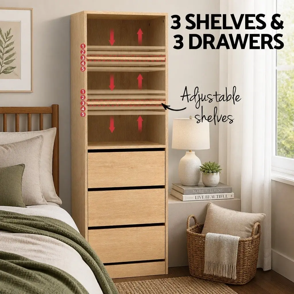 Tallboy Storage Cabinet Pine 3 Drawer Chest of Drawers Adjustable Shelves Bedroom Furniture