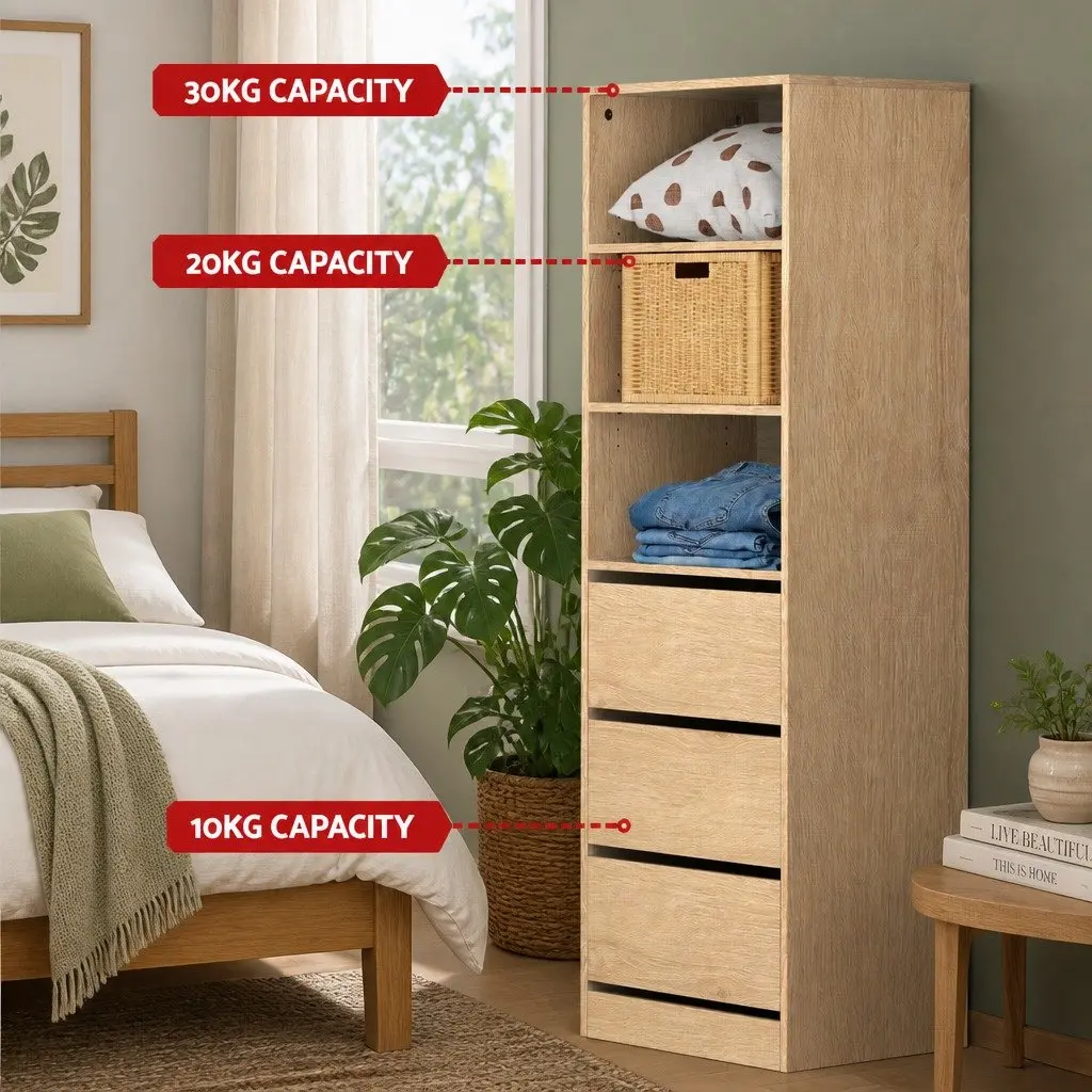 Tallboy Storage Cabinet Pine 3 Drawer Chest of Drawers Adjustable Shelves Bedroom Furniture