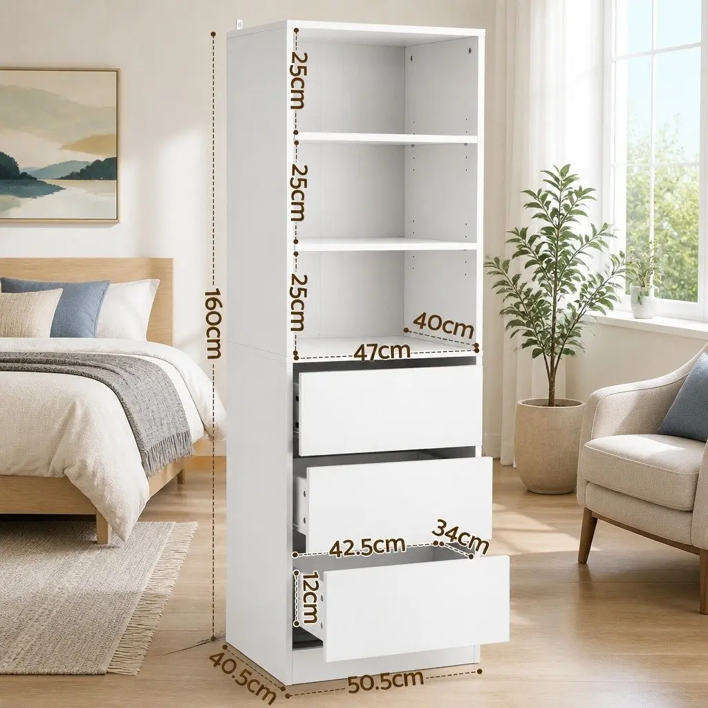 White Chest of Drawers Tallboy Cabinet 2 Piece Set 3 Drawer Storage Bedroom