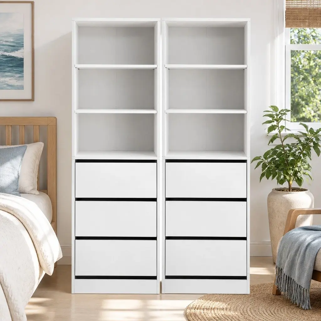 White Chest of Drawers Tallboy Cabinet 2 Piece Set 3 Drawer Storage Bedroom