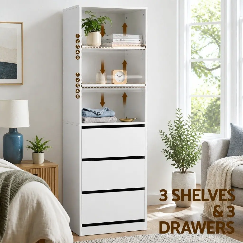 White Chest of Drawers Tallboy Cabinet 2 Piece Set 3 Drawer Storage Bedroom