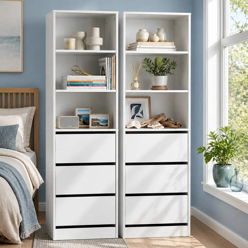 White Chest of Drawers Tallboy Cabinet 2 Piece Set 3 Drawer Storage Bedroom