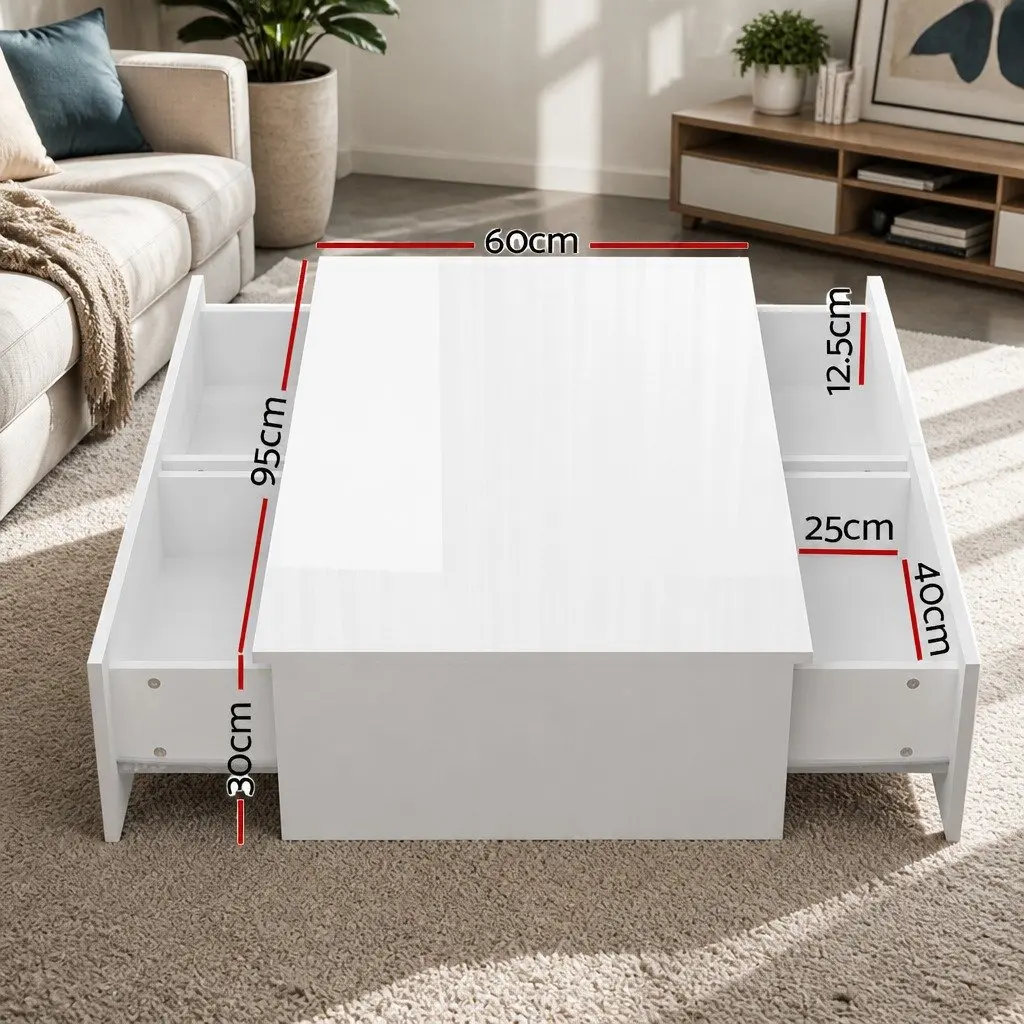 Coffee Table Particle Board UV High-Gloss 95cm x 60cm x 31cm White with 4 Drawers