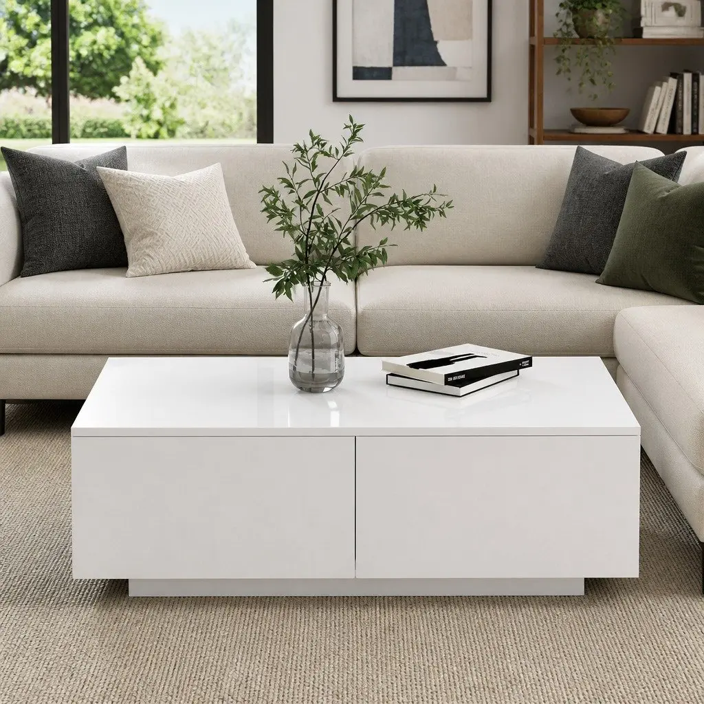 Coffee Table Particle Board UV High-Gloss 95cm x 60cm x 31cm White with 4 Drawers