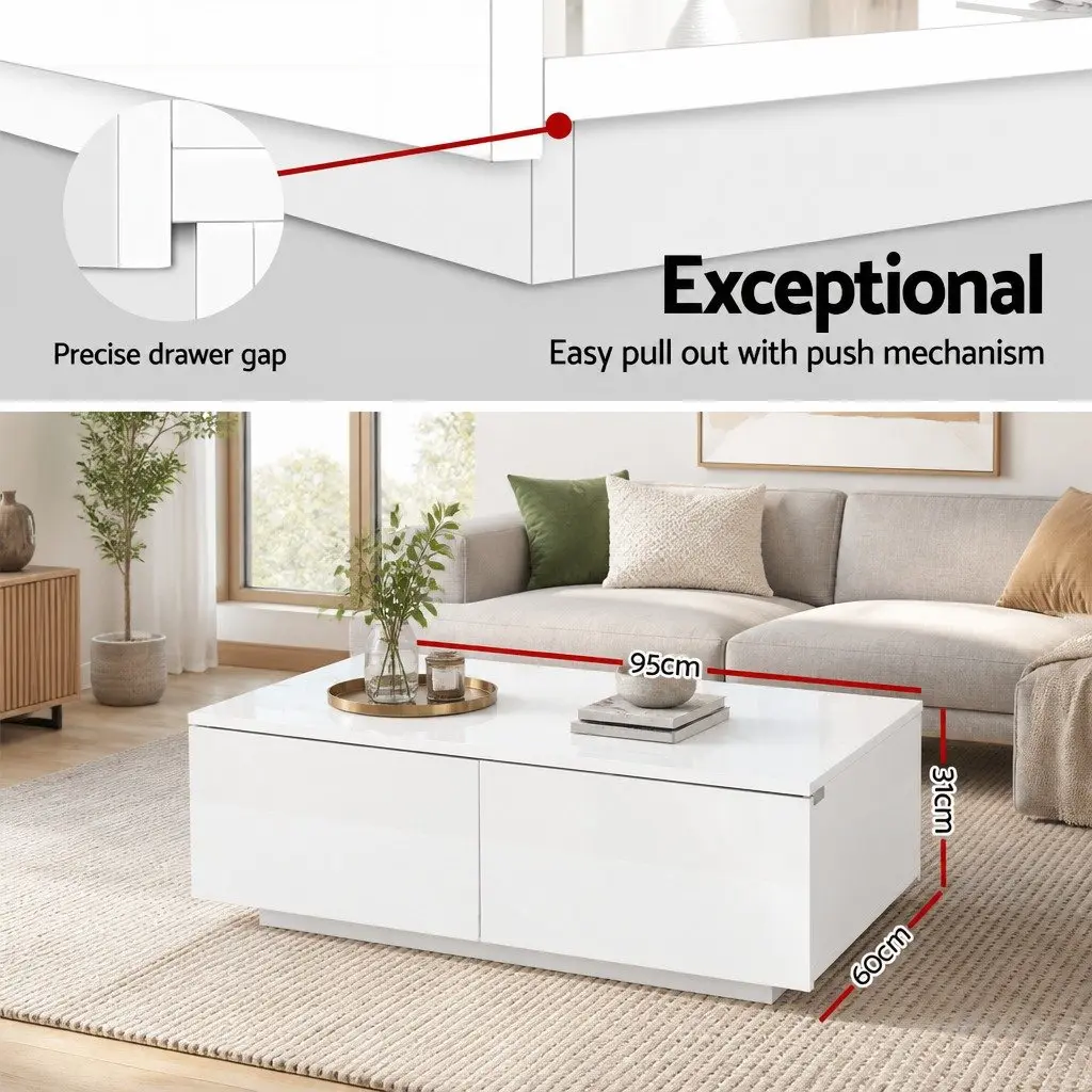 Coffee Table Particle Board UV High-Gloss 95cm x 60cm x 31cm White with 4 Drawers