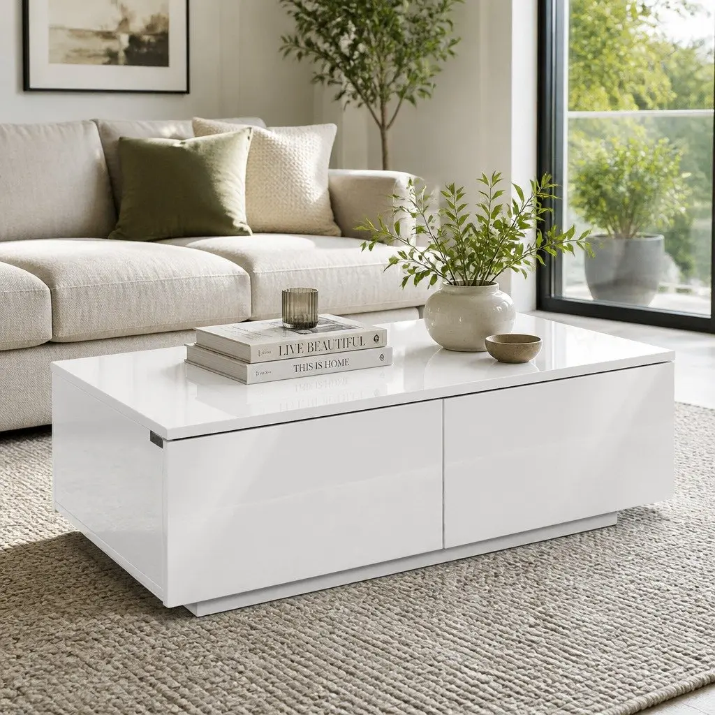 Coffee Table Particle Board UV High-Gloss 95cm x 60cm x 31cm White with 4 Drawers