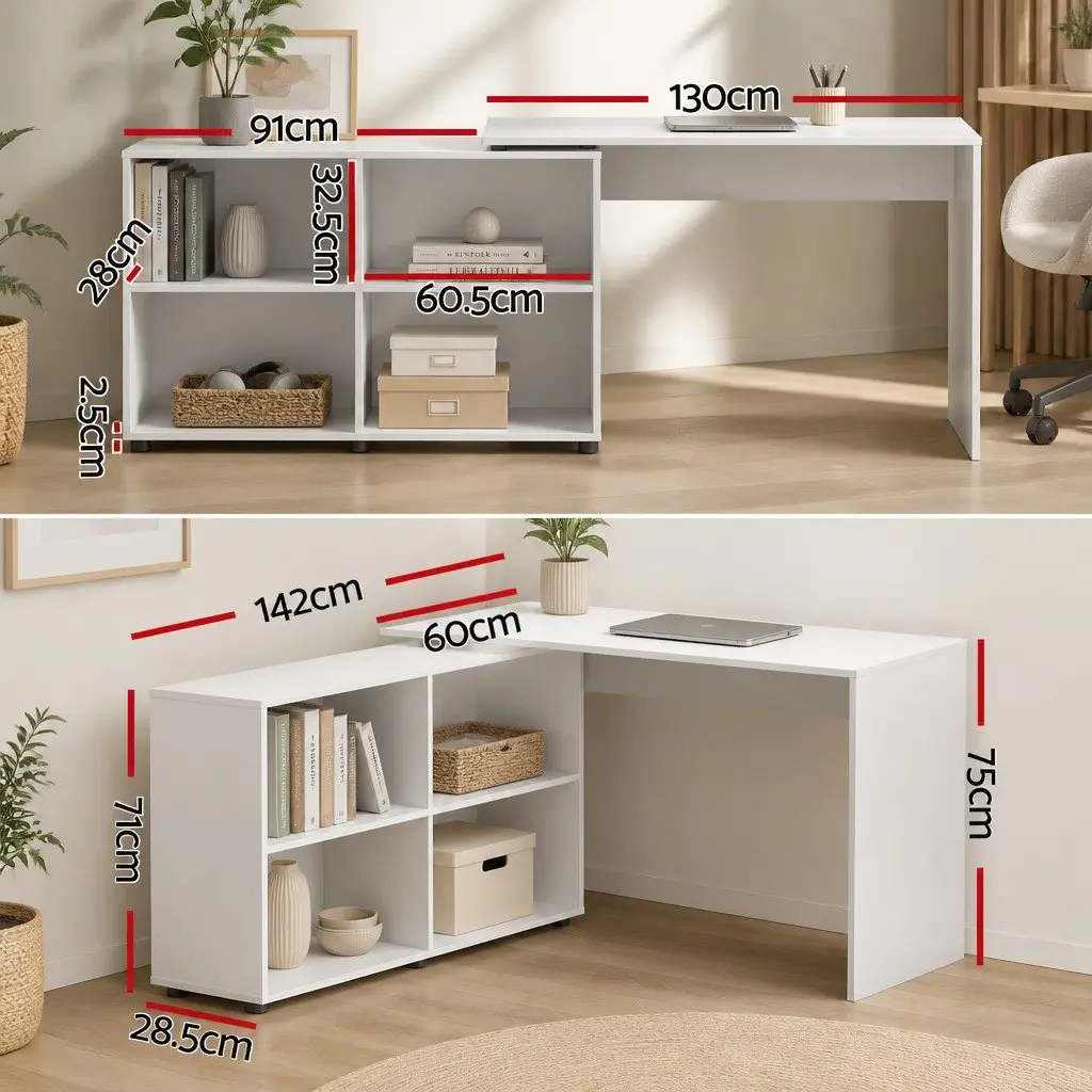 Computer Desk L-Shaped Particle Board White 130cm x 60cm x 75cm with Swivel Bookshelf 126cm x 28.5cm x 71cm