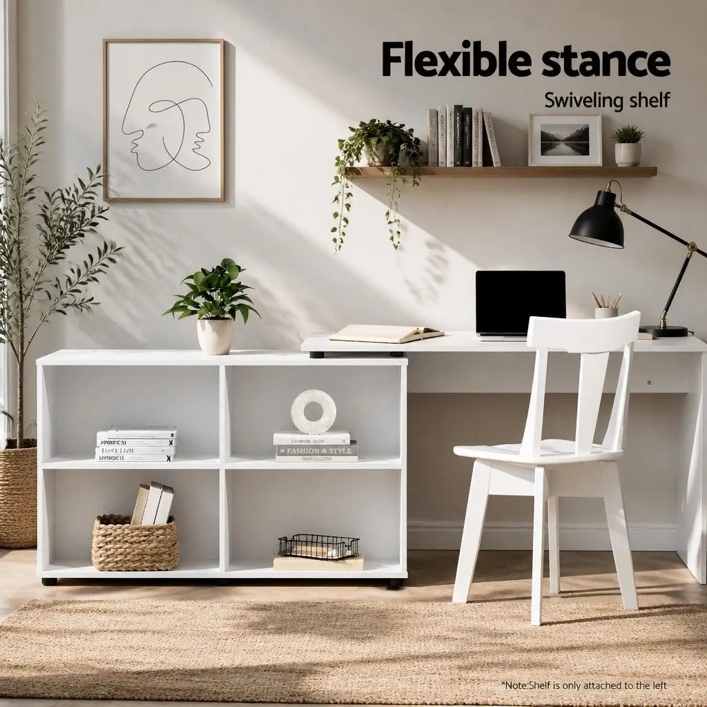 Computer Desk L-Shaped Particle Board White 130cm x 60cm x 75cm with Swivel Bookshelf 126cm x 28.5cm x 71cm