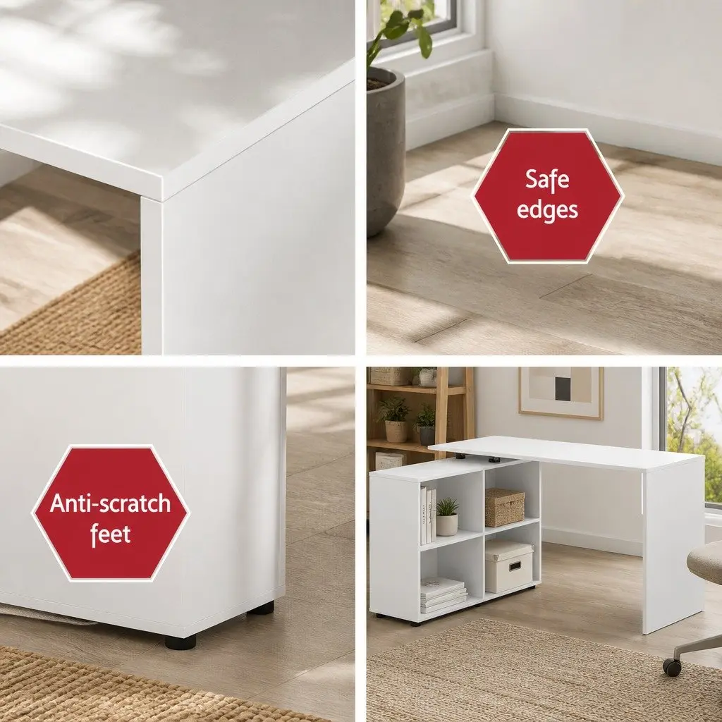Computer Desk L-Shaped Particle Board White 130cm x 60cm x 75cm with Swivel Bookshelf 126cm x 28.5cm x 71cm