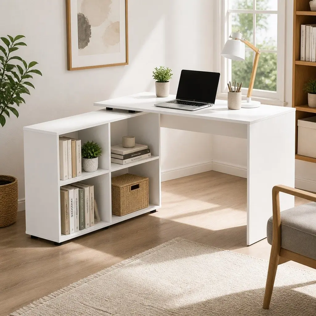 Computer Desk L-Shaped Particle Board White 130cm x 60cm x 75cm with Swivel Bookshelf 126cm x 28.5cm x 71cm