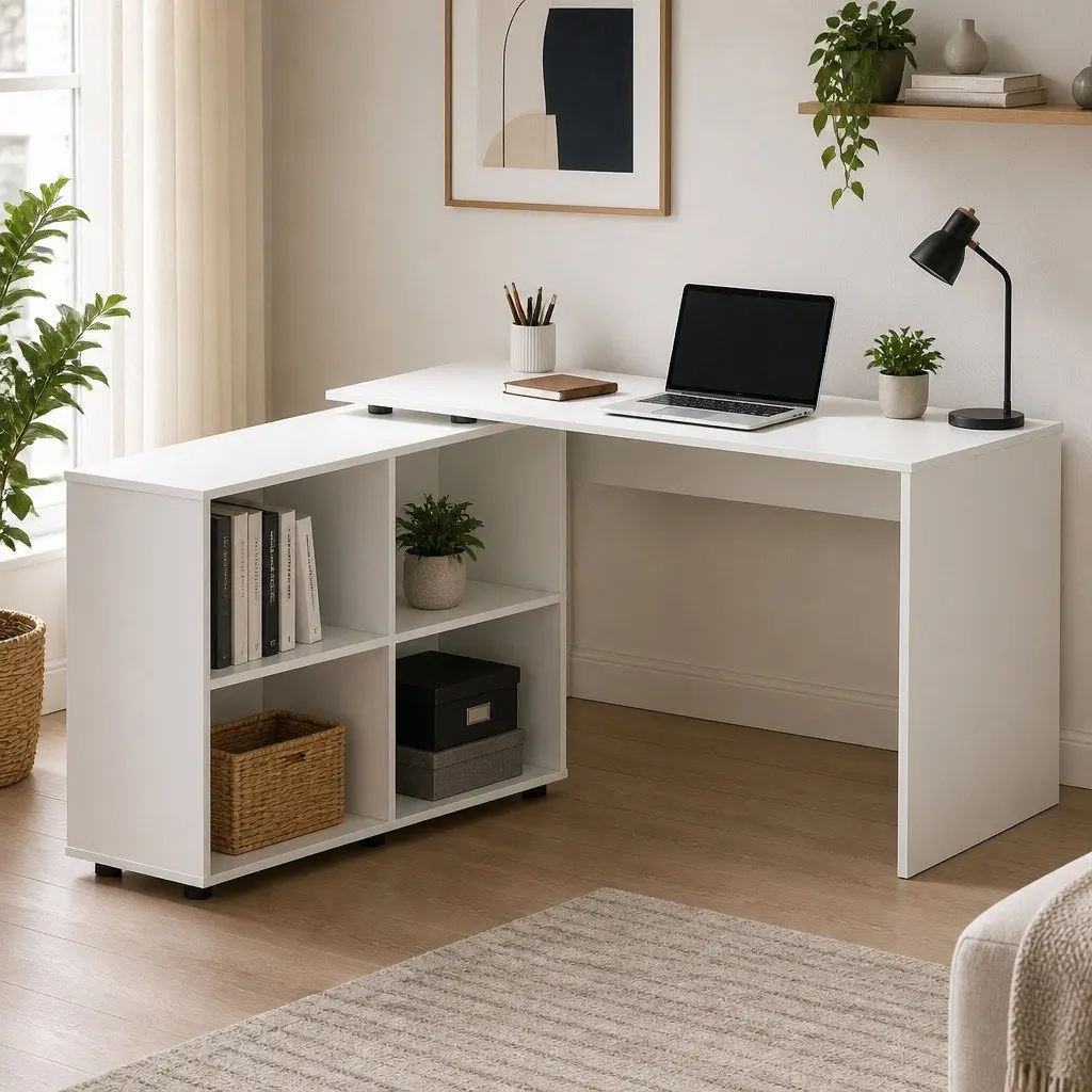 Computer Desk L-Shaped Particle Board White 130cm x 60cm x 75cm with Swivel Bookshelf 126cm x 28.5cm x 71cm