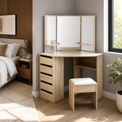Dressing Table Stool Set Corner 5 Drawers Oak Bedroom Vanity Mirror