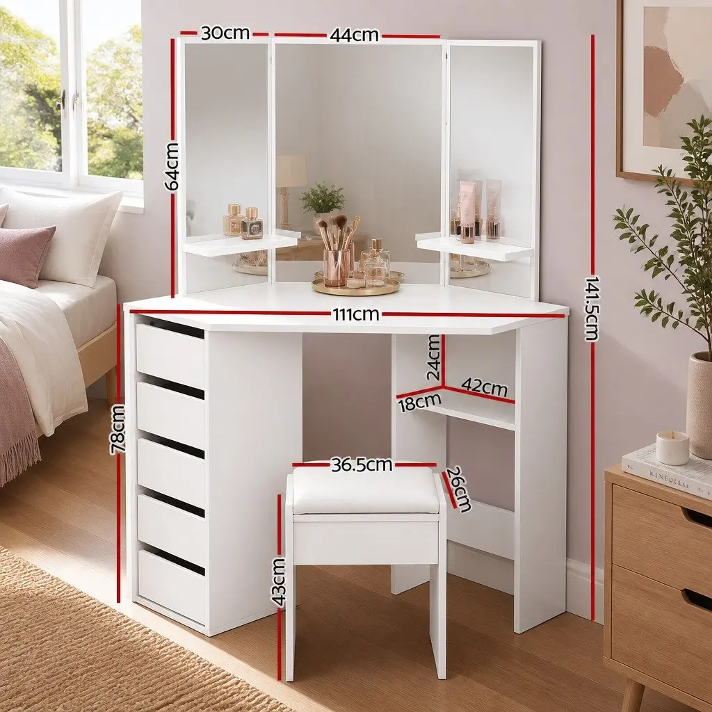 Corner Vanity Set White Dressing Table with 5 Drawers and Three Panel Mirror Including Stool for Bedroom Furniture