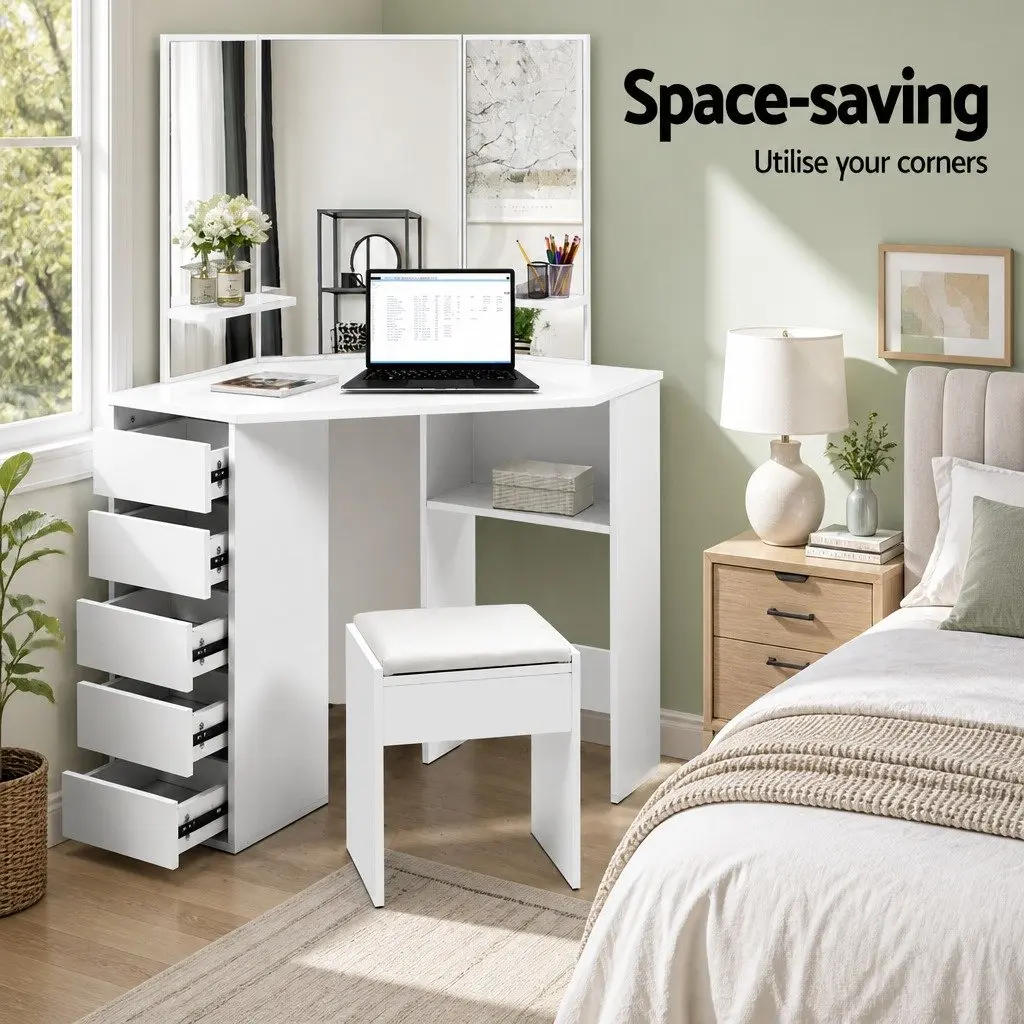 Corner Vanity Set White Dressing Table with 5 Drawers and Three Panel Mirror Including Stool for Bedroom Furniture
