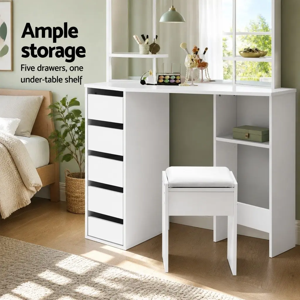 Corner Vanity Set White Dressing Table with 5 Drawers and Three Panel Mirror Including Stool for Bedroom Furniture