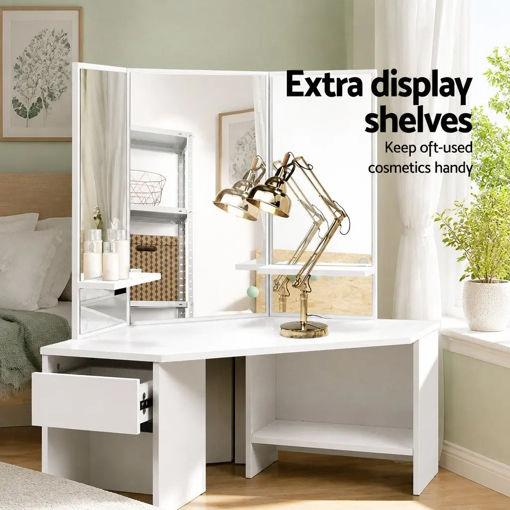 Corner Vanity Set White Dressing Table with 5 Drawers and Three Panel Mirror Including Stool for Bedroom Furniture