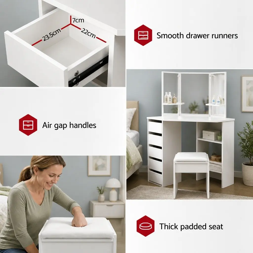 Corner Vanity Set White Dressing Table with 5 Drawers and Three Panel Mirror Including Stool for Bedroom Furniture