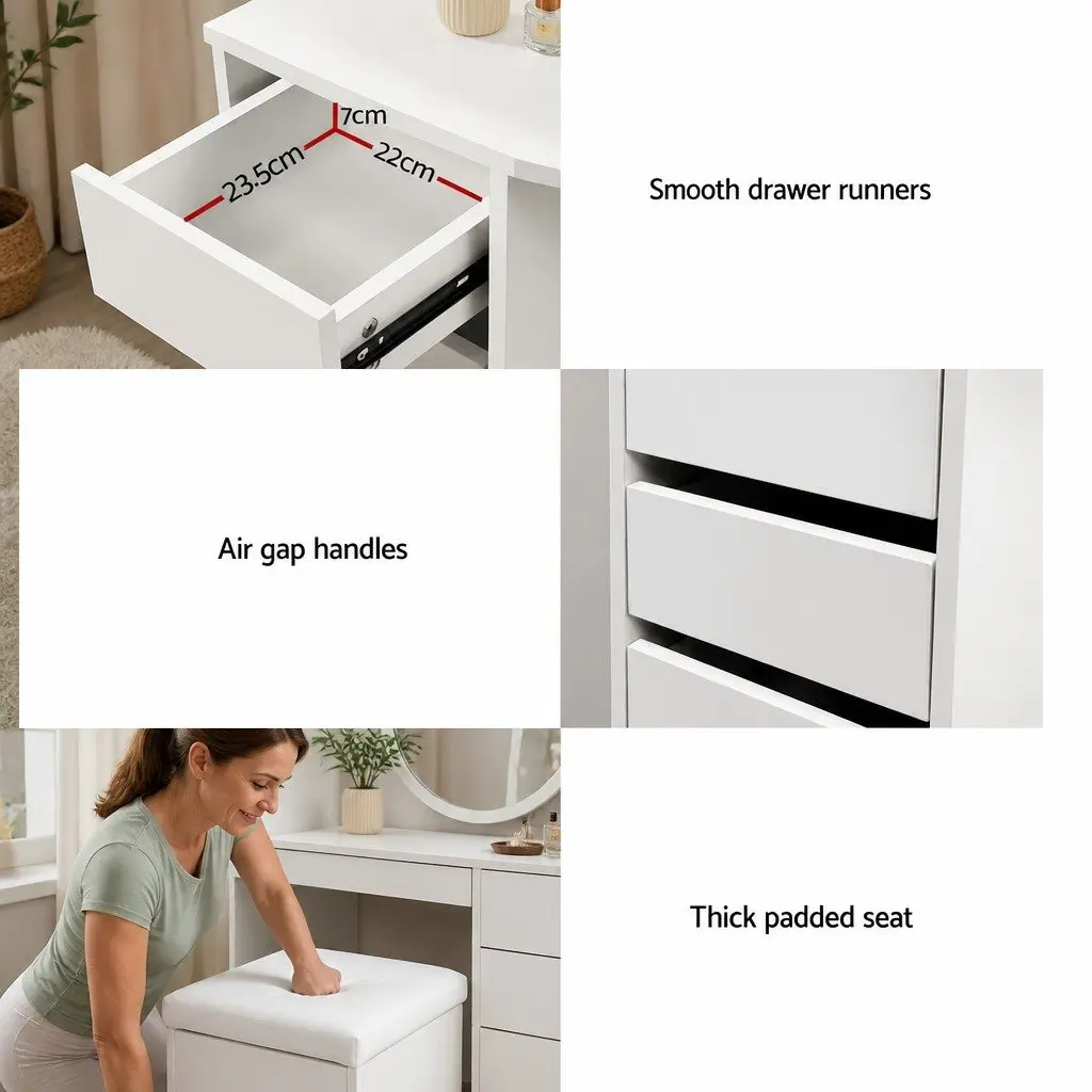 Corner Vanity Set White Dressing Table with 5 Drawers and Three Panel Mirror Including Stool for Bedroom Furniture