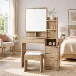 Dressing Table Stool Set 4 Drawers Oak Bedroom Vanity Mirror Storage Shelves