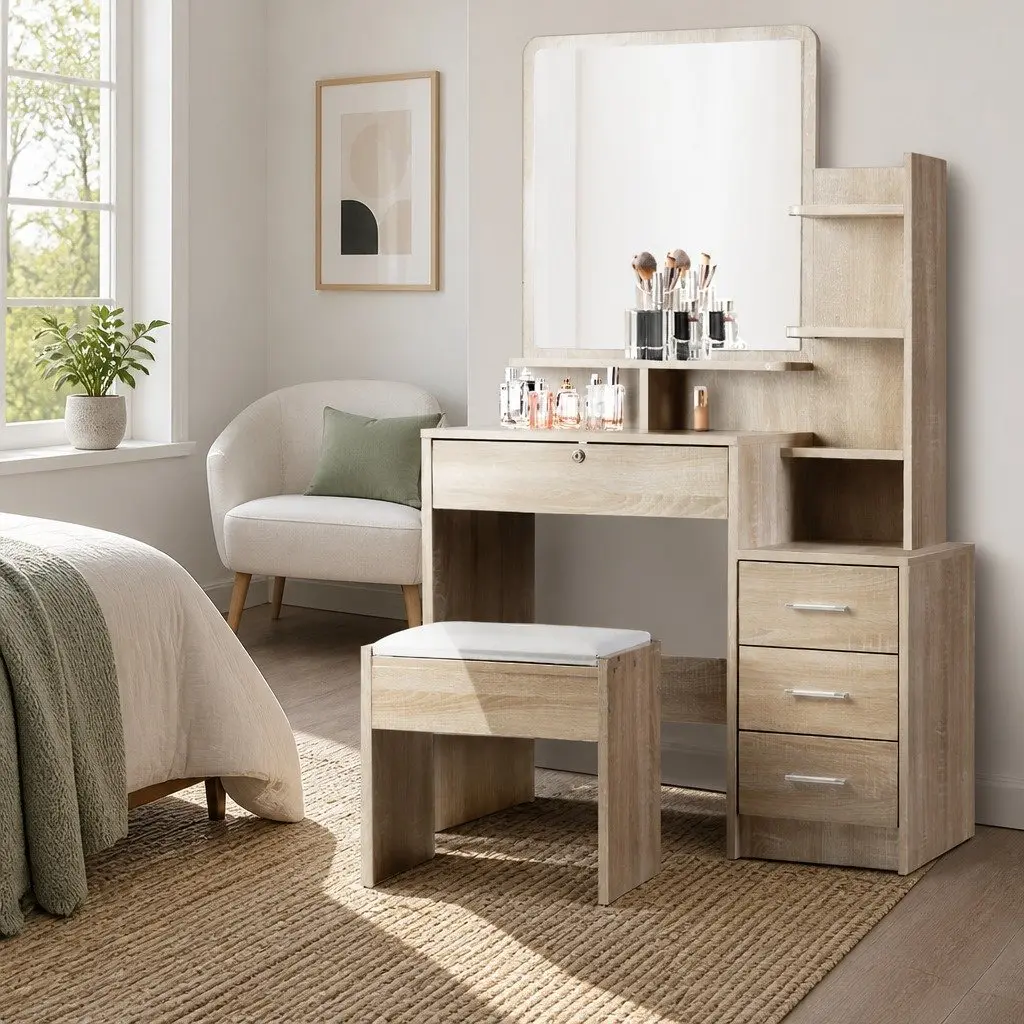 Dressing Table Stool Set Oak 87cm Vanity with 4 Drawers and 3 Shelves